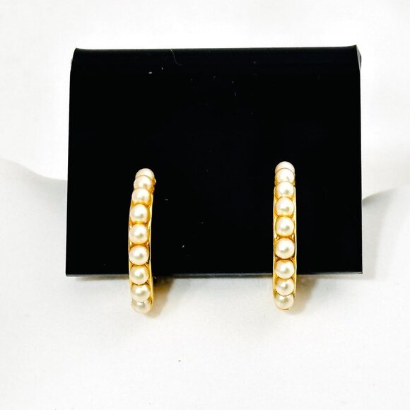 Vintage Napier Gold Tone Faux Pearl Half Hoop Screw Back Earrings - Picture 2 of 8